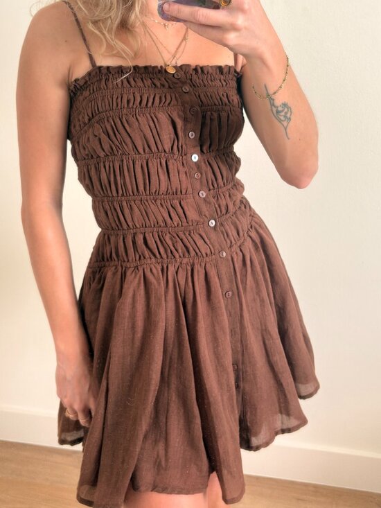 12th Tribe Dresses & Skirts - 12th Tribe Smocked Mini Dress Brown XS Ruched Button Front NWT